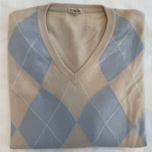 Malo Cashmere Sweater V-Neck Argyle Beige Blue Vintage Italy Size 50 L Luxury
